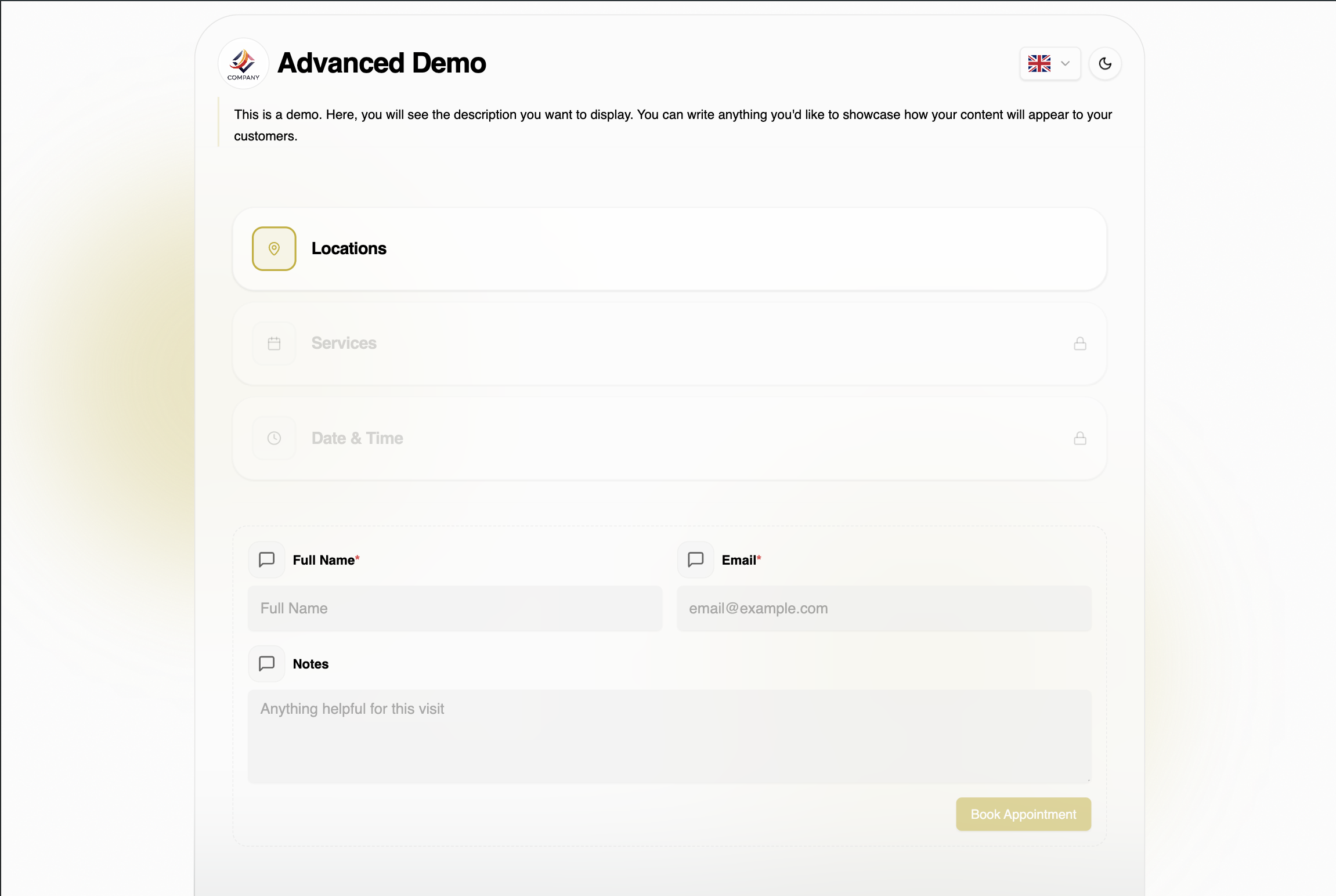 Preview of the advanced booking demo