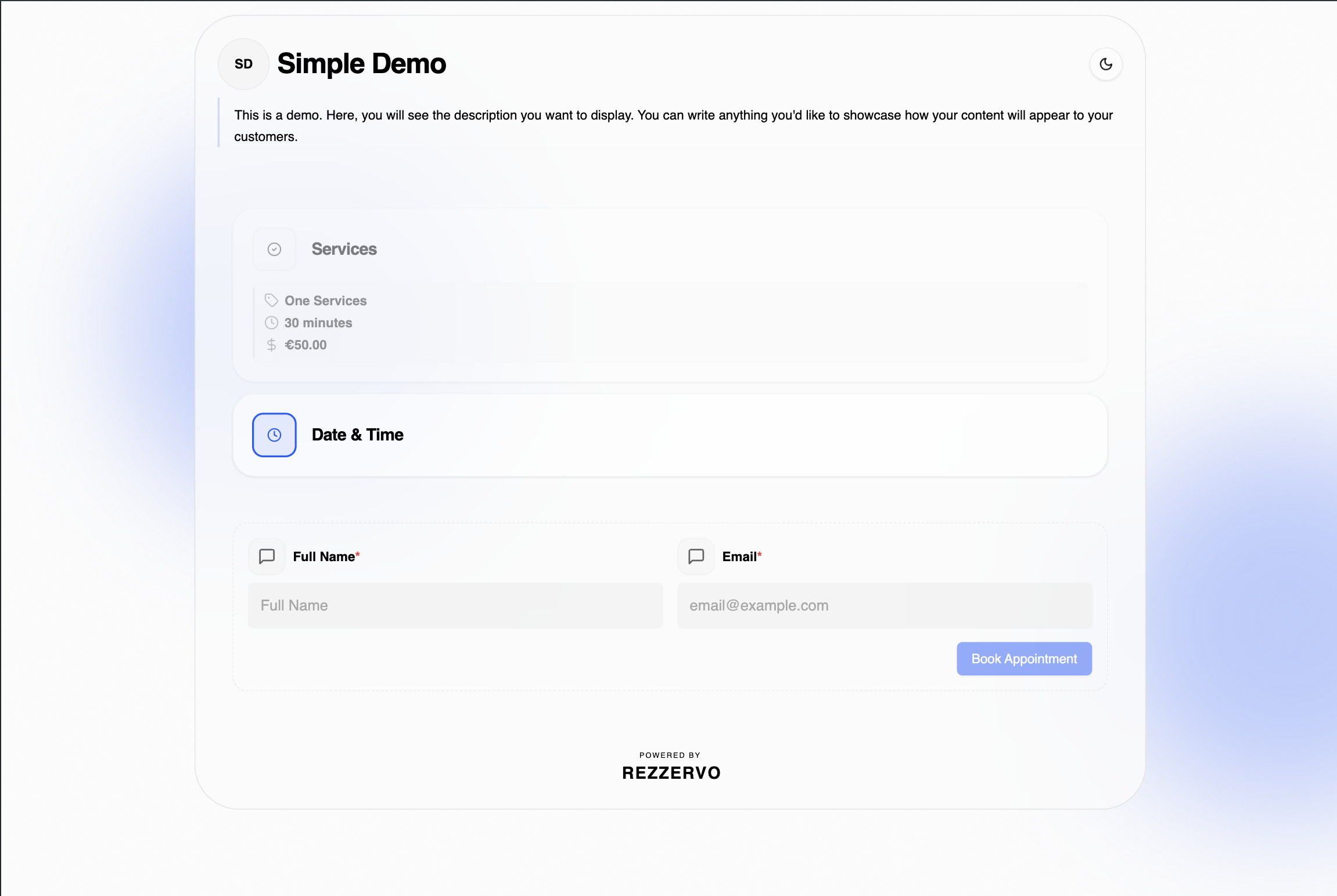 Preview of the simple booking demo